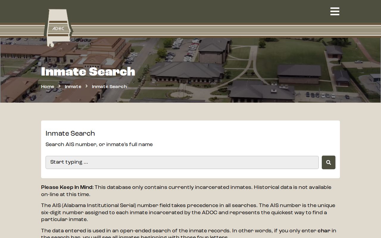 Alabama resident lookup fields on the current ADOC inmate search
