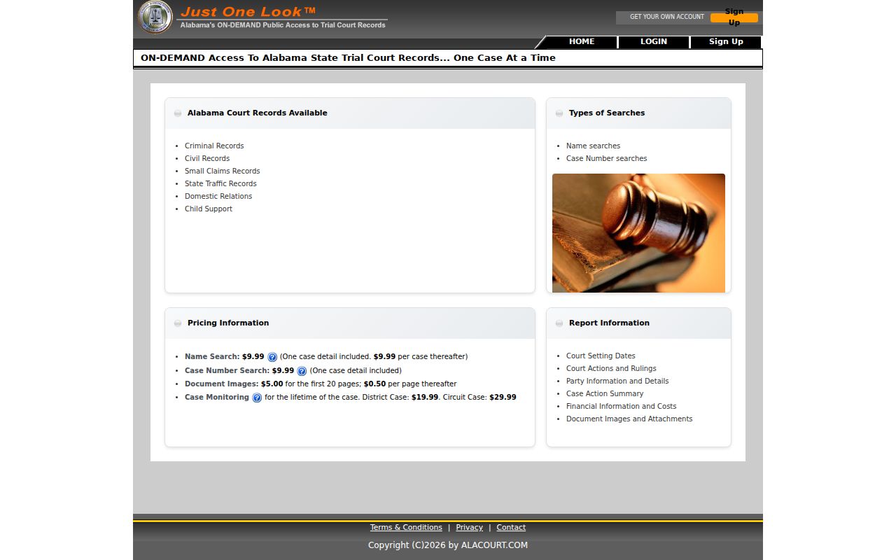 Alabama resident lookup on the Just One Look court search page